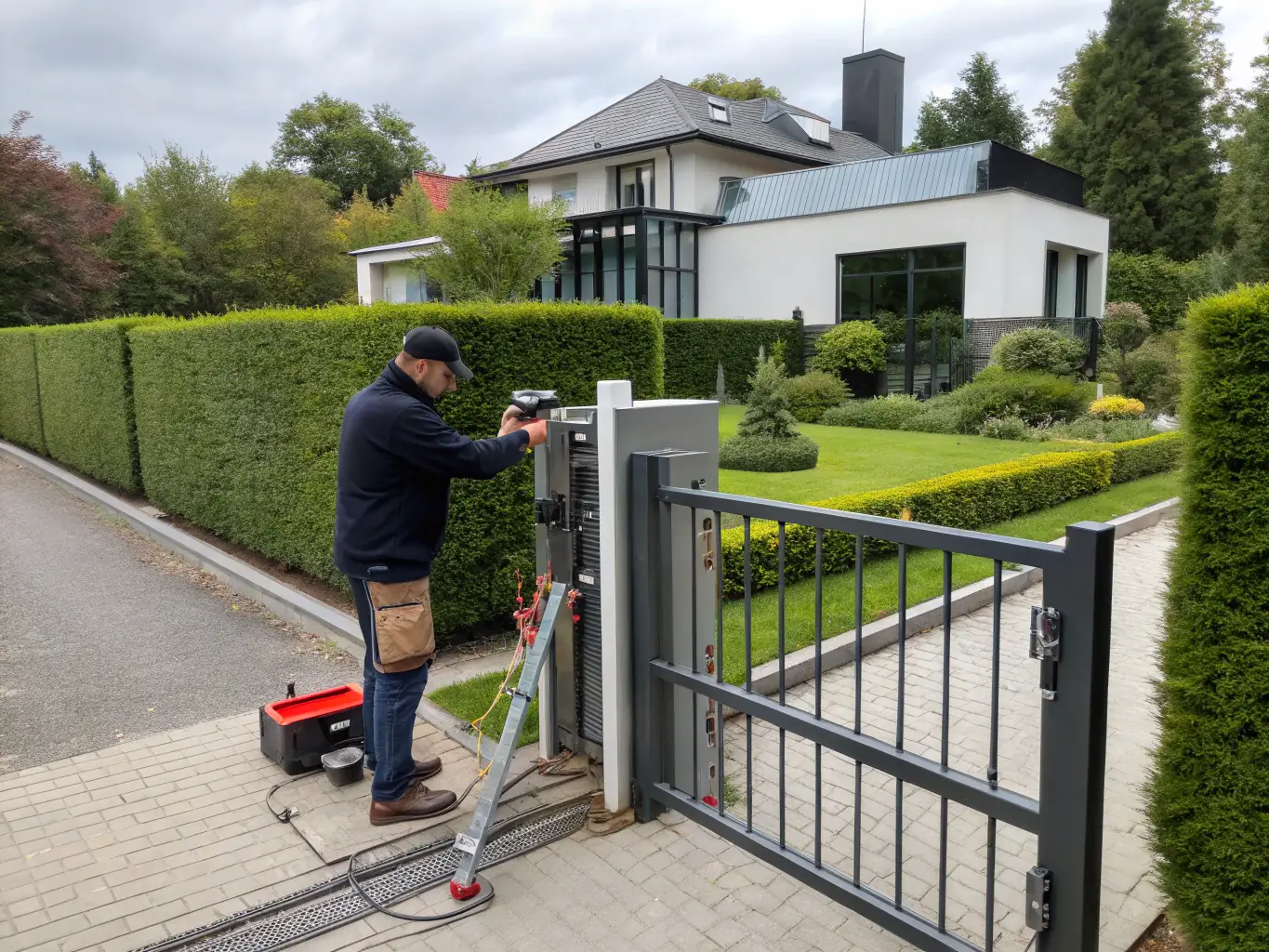 A professional technician installing a gate motor on a modern residential gate, showcasing the precision and expertise involved in the installation process.