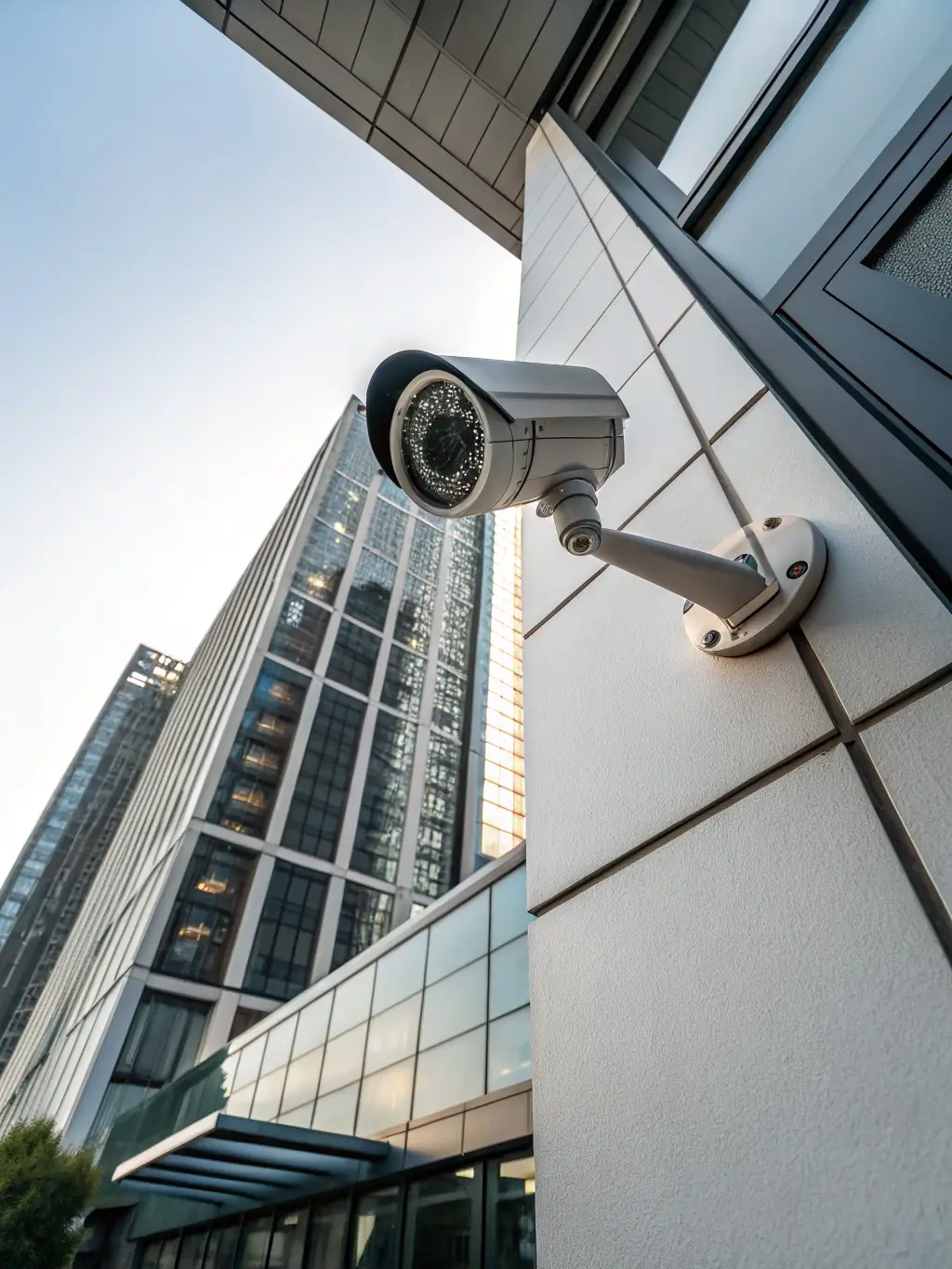 A clear image of a CCTV camera system installed on a building, emphasizing its wide coverage area and advanced surveillance capabilities.