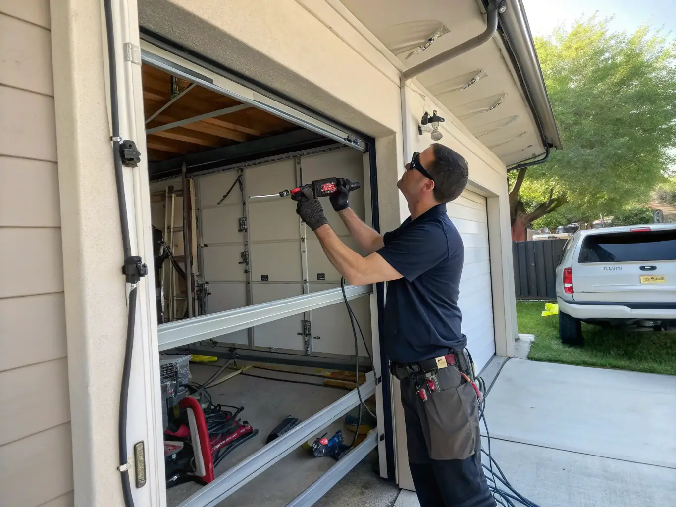 A technician repairing a garage door mechanism, highlighting the diagnostic and repair skills of TynTech Connect's service team.